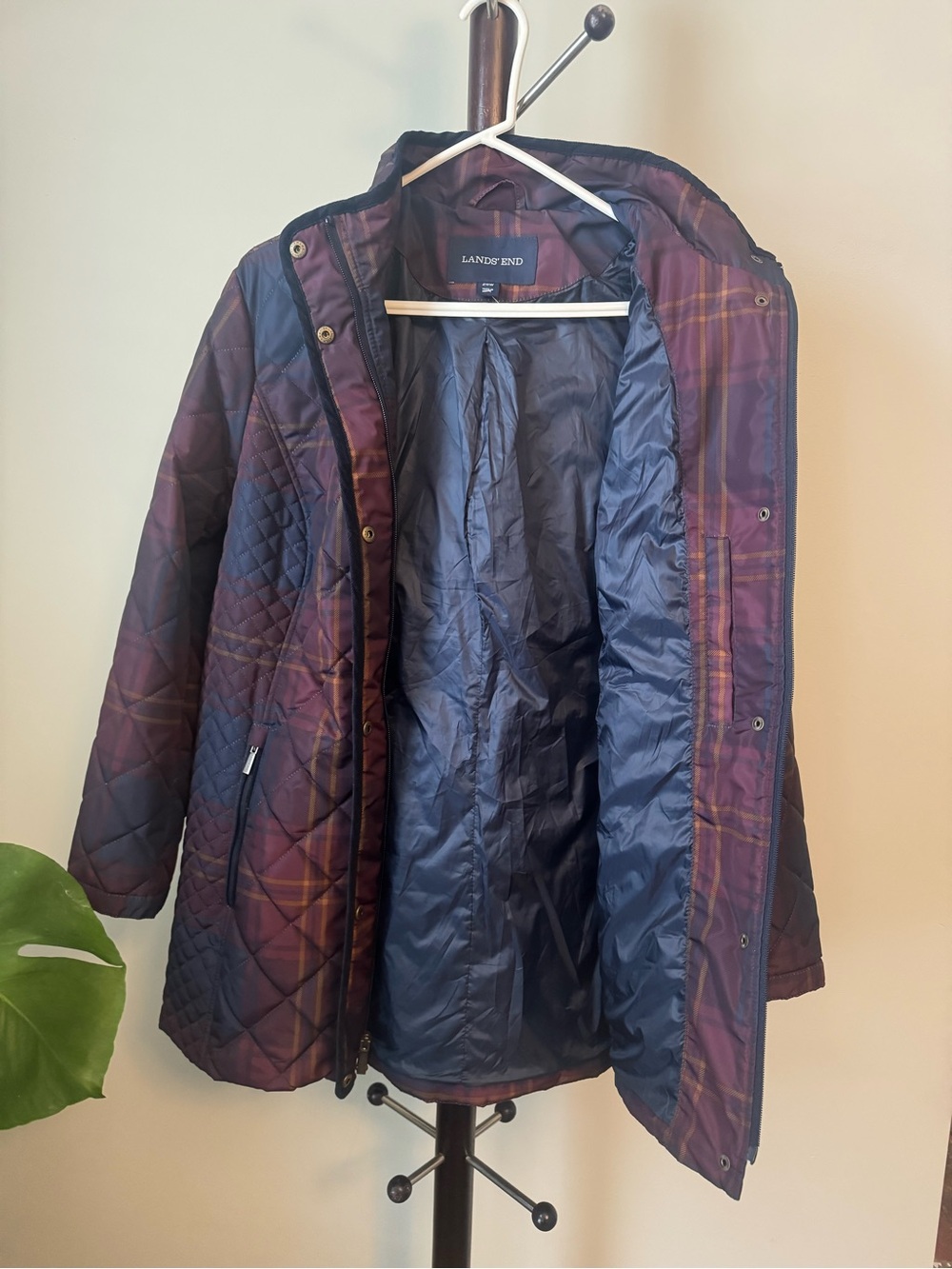 Lands End Quilted Plaid Longline Jacket - Purple - Picture 5 of 8